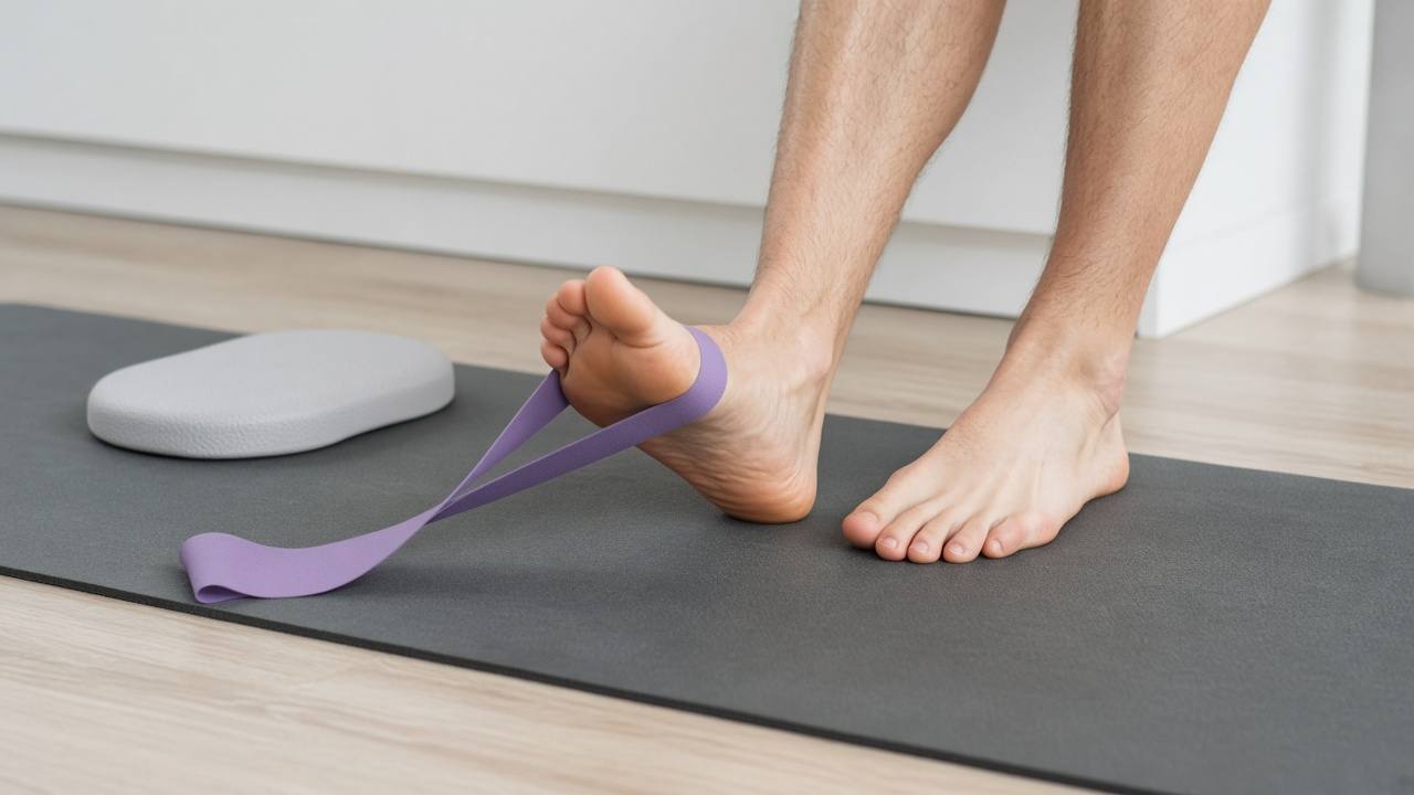 Physiotherapy foot and ankle exercise using a resistance band on a clinic floor mat